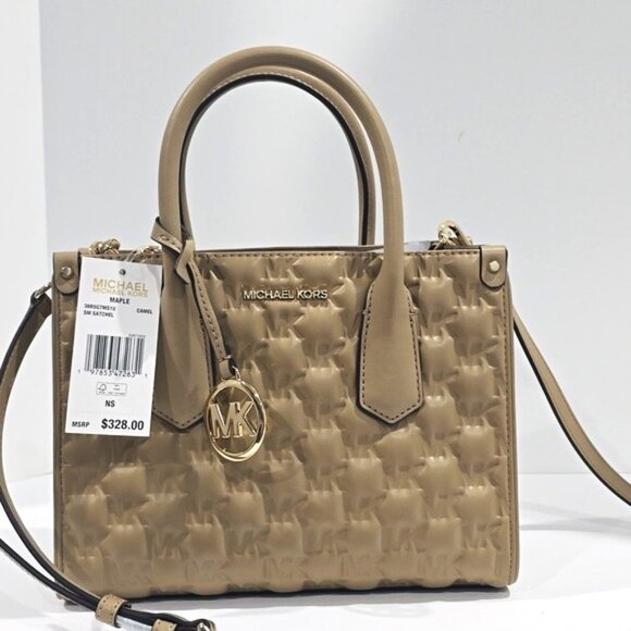 NWT ✅  Michael Kors MAPLE Small MK Embossed Leather Satchel CAMEL (Taupe) ✨NWT - Picture 7 of 14